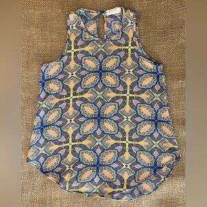 Renee C. Tank Top, Size S, Keyhole Button Neck, Slit Tail, Multicolored